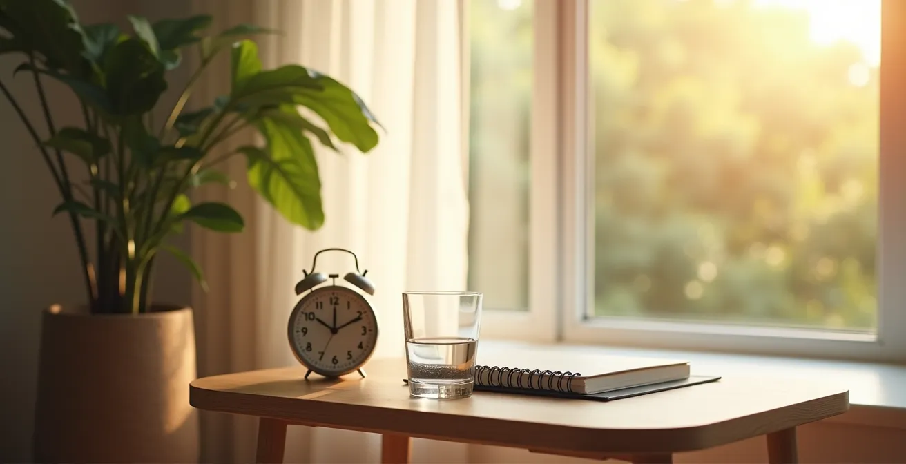 Espace zen avec carnet de notes et montre pour suivre le protocole de test