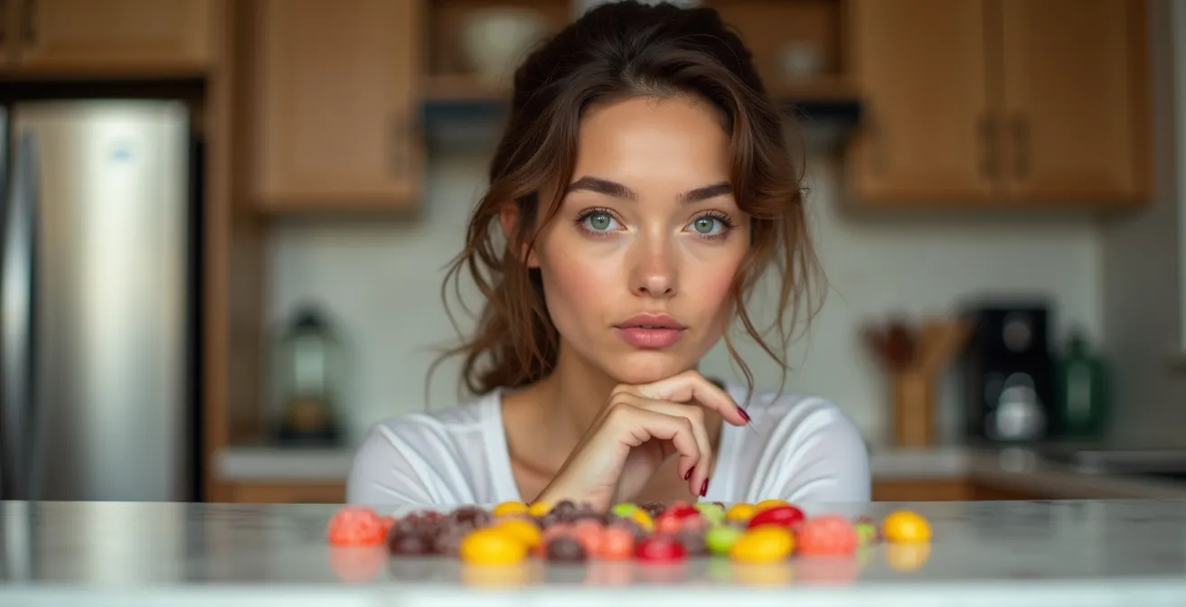 Personne réfléchissant devant une sélection de bonbons CBD avec expression concentrée