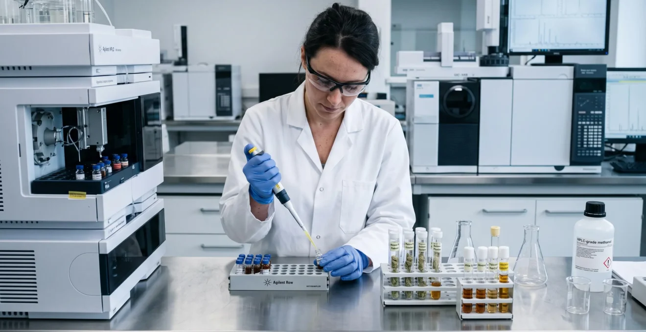 Technicien de laboratoire en blouse blanche manipulant un échantillon de fleurs de CBD près d'un équipement de chromatographie avec tubes à essai et matériel d'analyse chimique.