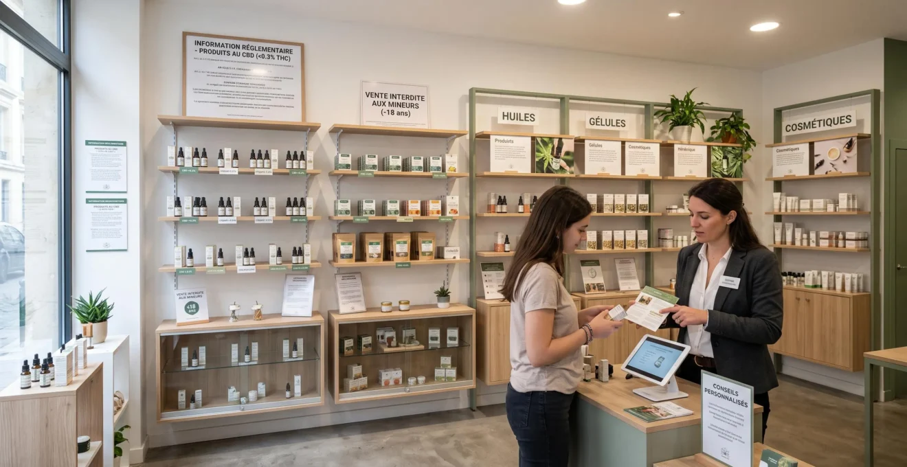 Intérieur d'une boutique CBD professionnelle avec présentoirs sobres, produits organisés sur des étagères et affichage d'informations réglementaires dans une ambiance éducative.